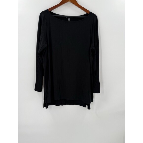 Eileen Fisher Black Long Sleeve Ballet Neck High-Low Hem USA Made Size XLARGE EC - Picture 1 of 12